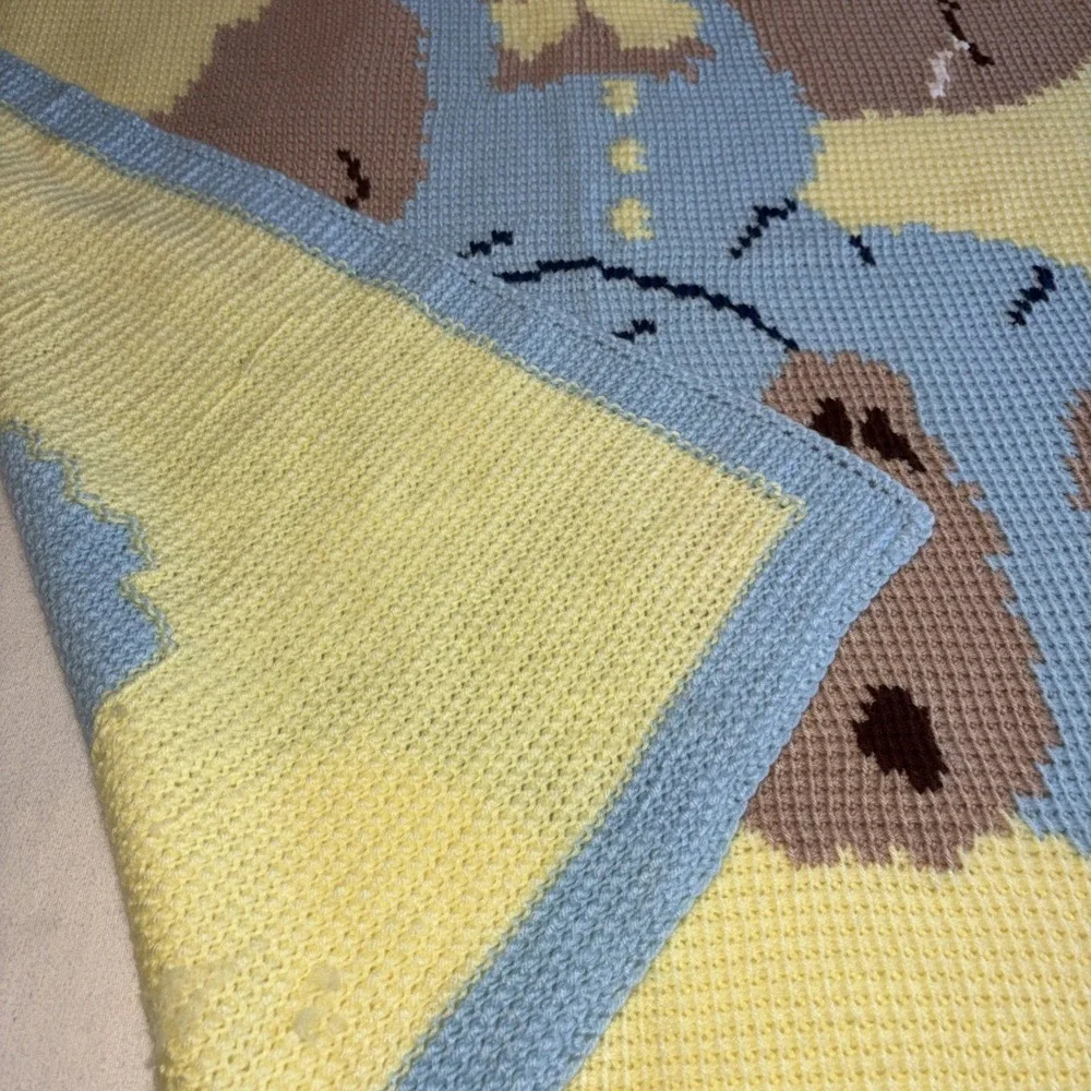 VTG Crochet/Knitted Teddy Bear In Overalls Baby‎ Blanket Throw Afghan 54